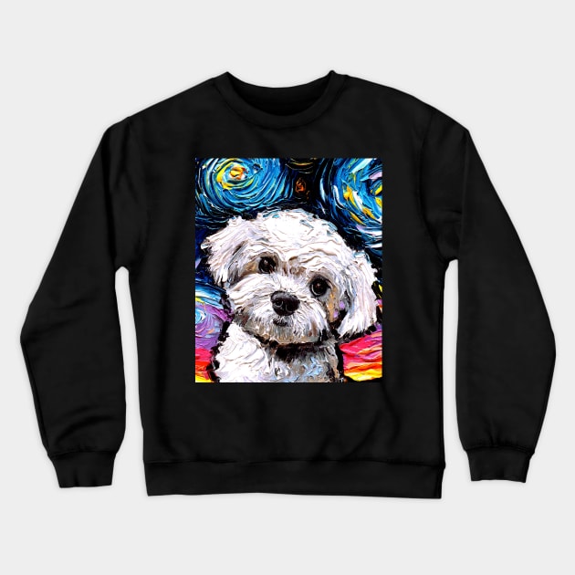 Maltipoo Night (Portrait) Crewneck Sweatshirt by sagittariusgallery